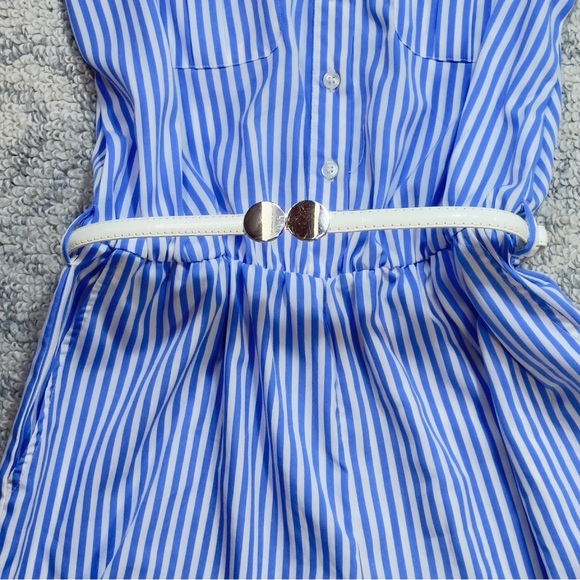 Spense Blue and White Striped Sleeveless Jumpsuit with Belt - Picture 2 of 13